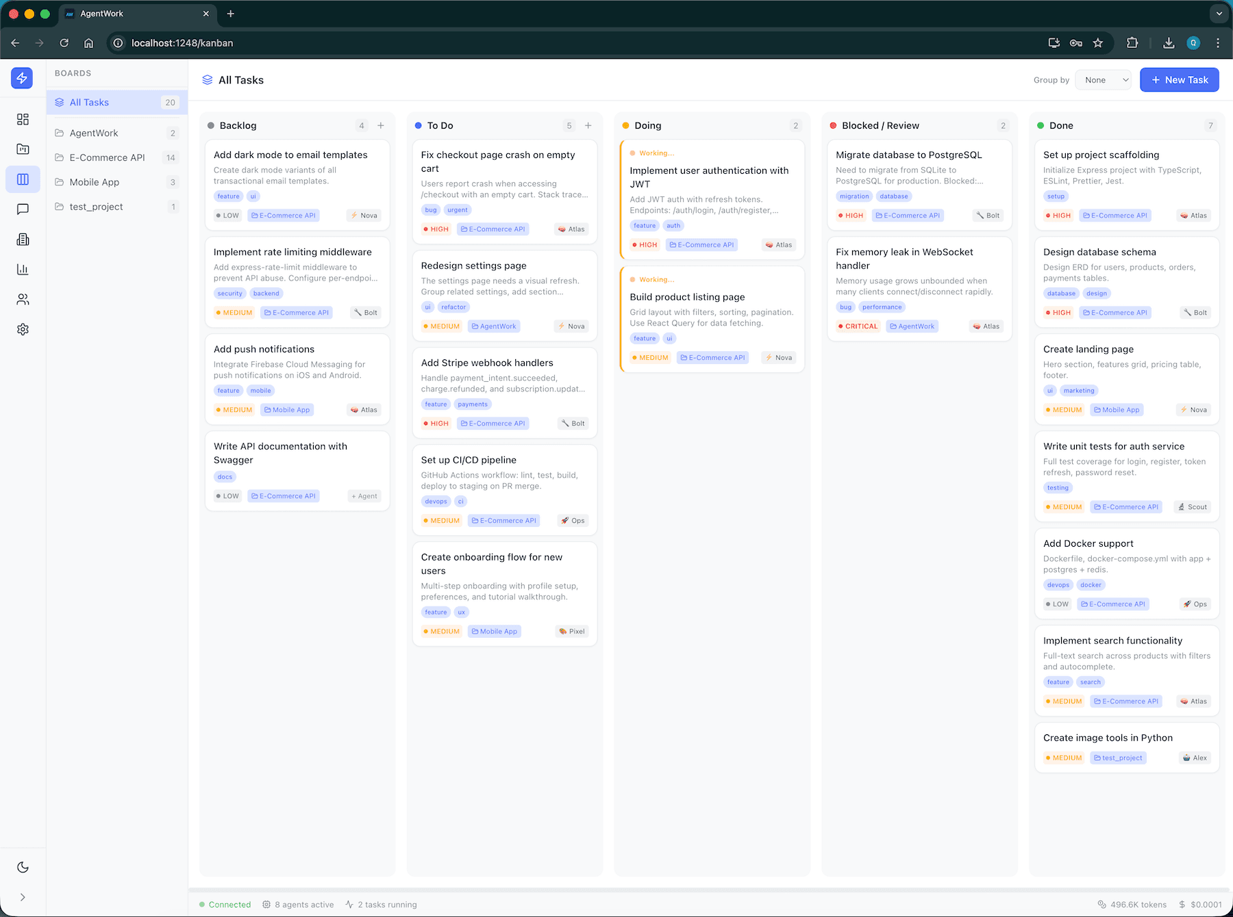 AgentWork kanban board